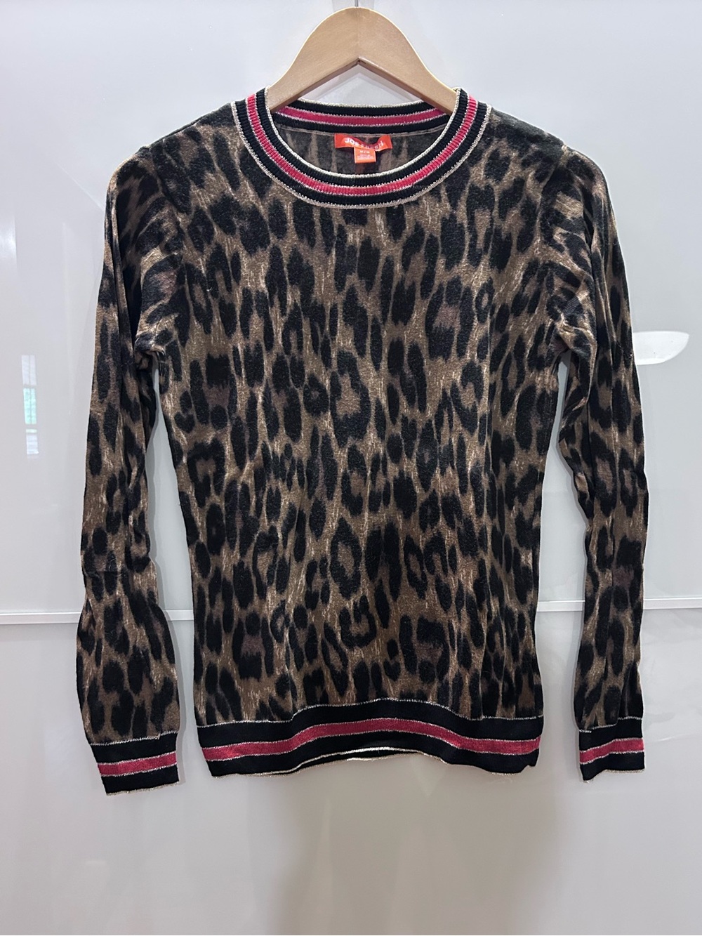 Joe Fresh Brown and Black Leopard Sweater with Pink Stripe Trim